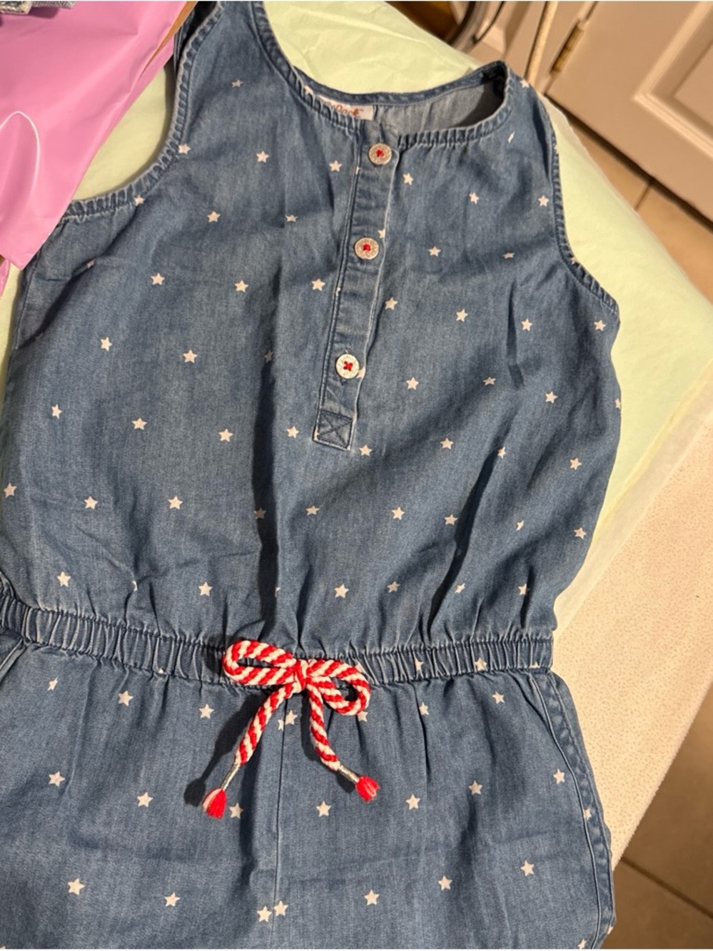Cat & Jack Blue Star-Print Denim Romper with Red Rope Tie